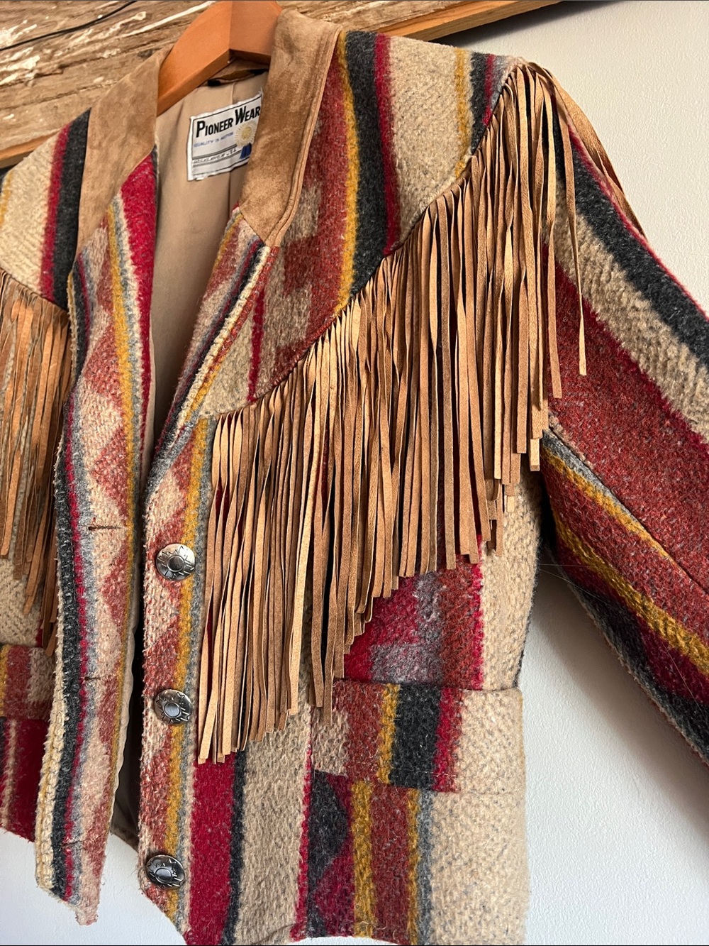 PIONEER WEAR Brown & Red Striped Fringe Western Vintage Jacket - Picture 6 of 12